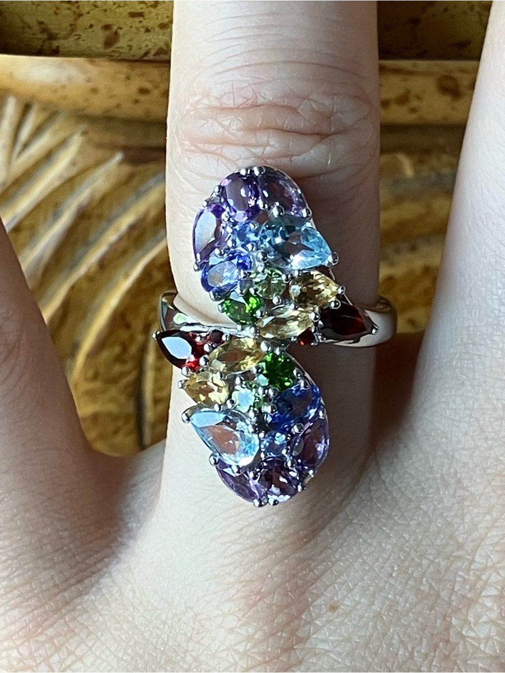 Multi Gemstone Sterling Silver Cocktail Ring Size 6